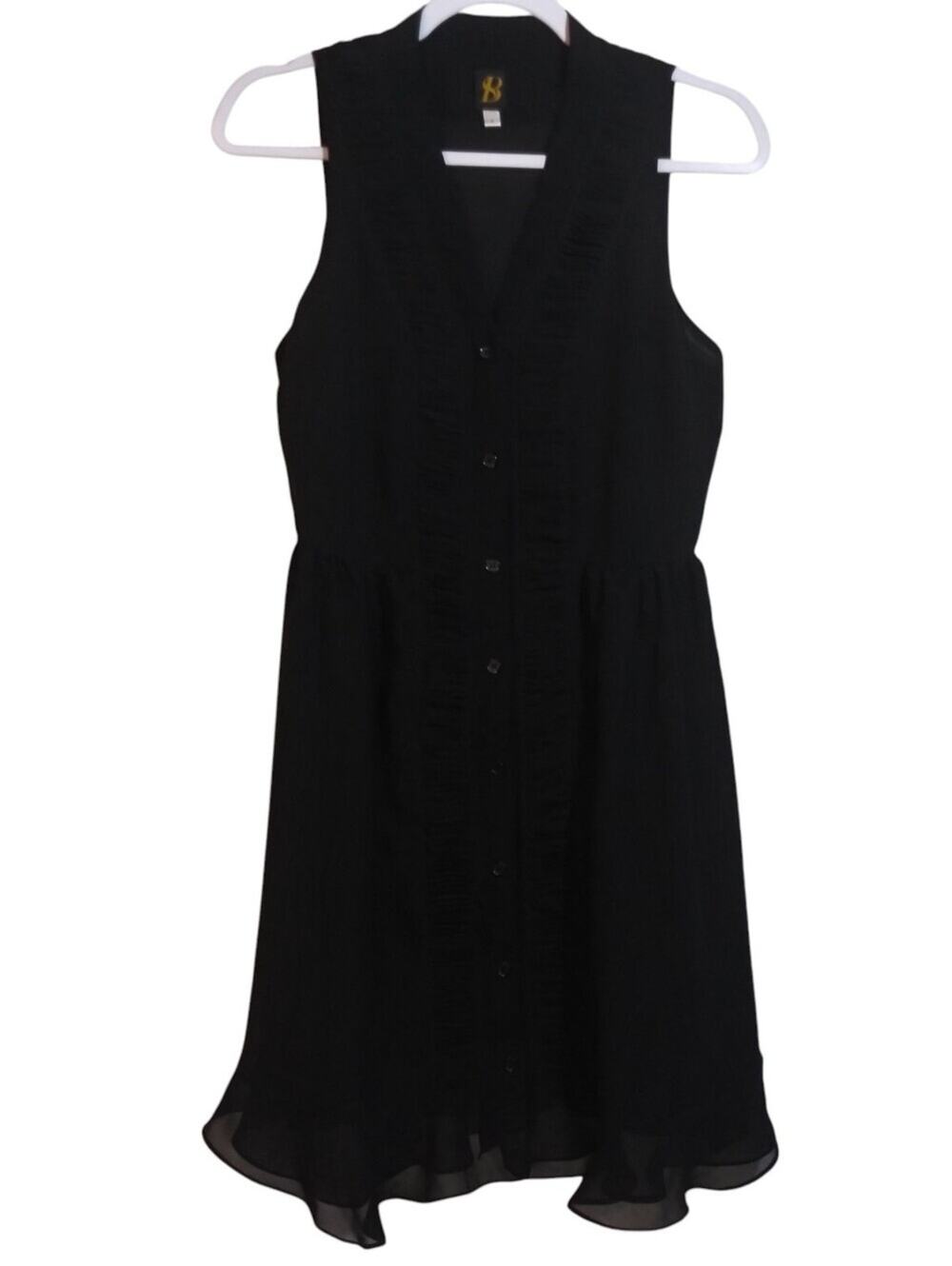 S+B Black Semi Sheer Sleeveless Button-Front Ruffle Dress LBD Vintage Size 2